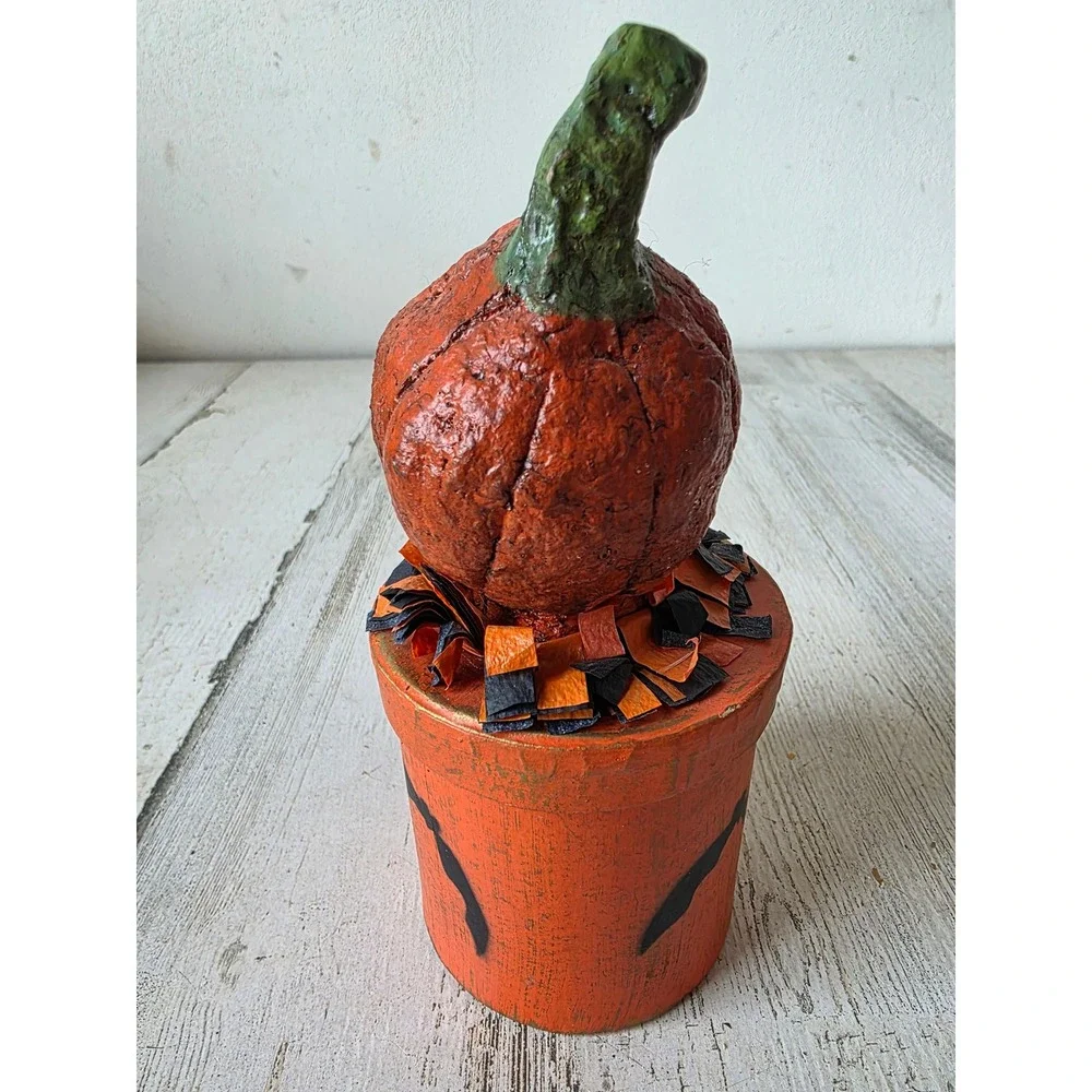 Vintage folk art pumpkin canister bat Halloween statue figurine paper decor